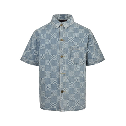 25ss checkerboard jacquard denim short sleeved shirt